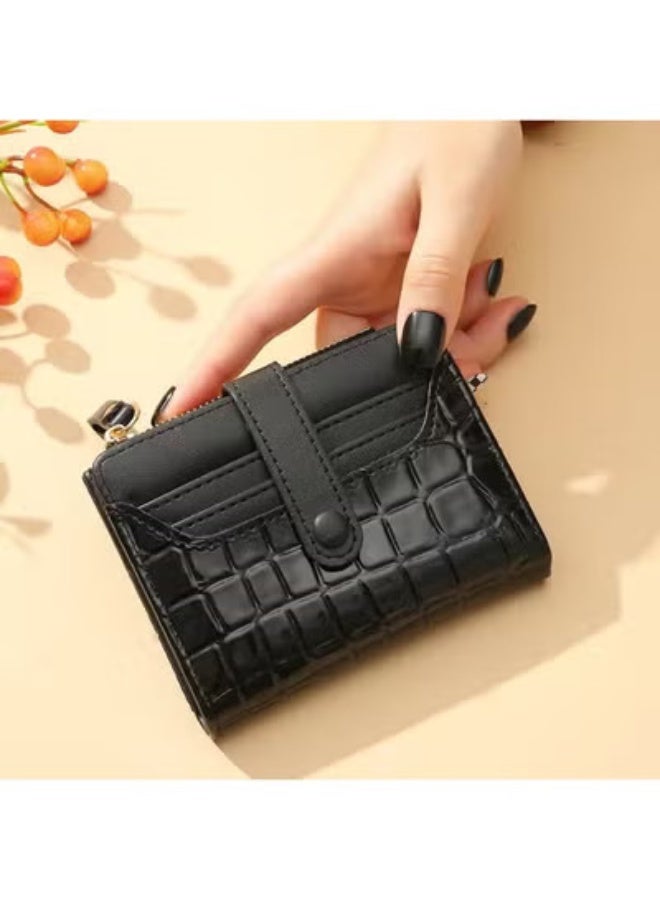 Black Women's Wallet, Square Bifold Wallet Zipper Leather Coin Purse Credit Card Holder Small Women's Wallet Fashion Texture Pattern ID Window